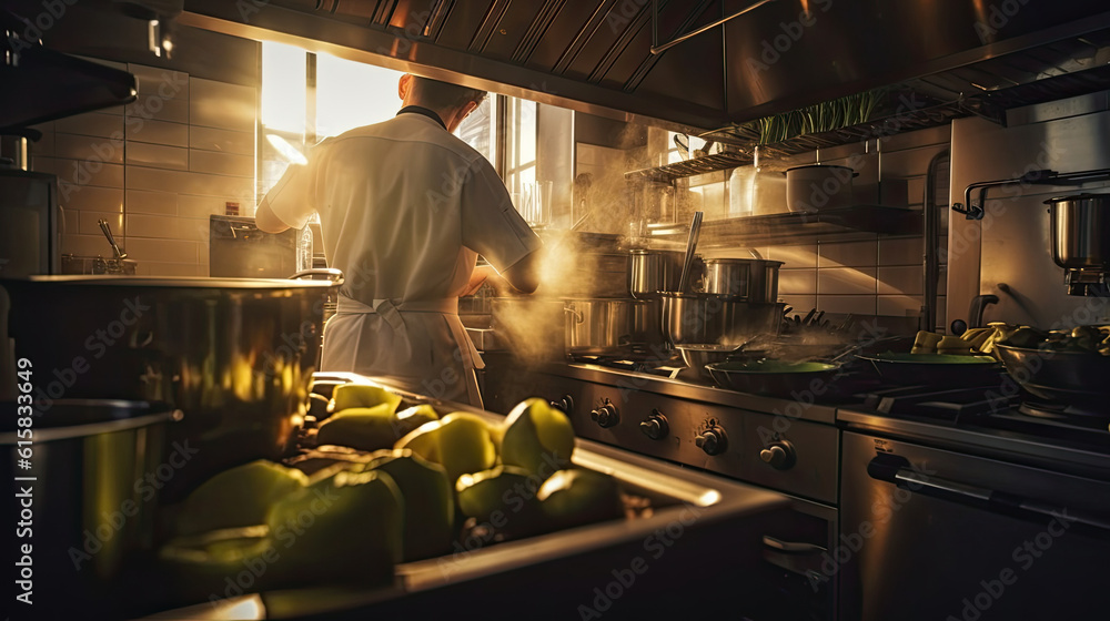 Chef cooking in busy restaurant kitchen Chef cooking in busy restaurant kitchen