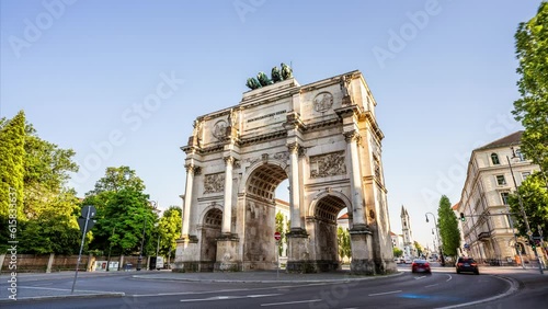 Timelapse video of the Siegestor (Victory Gate) in Munich on a beautiful summer day. This Munich landmark is located near the University.