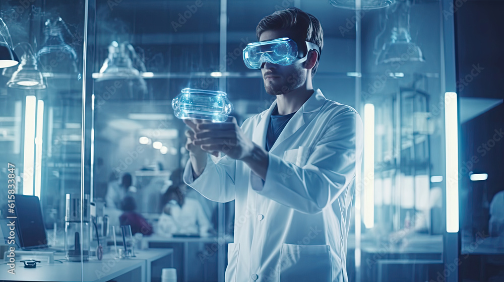 Doctor using VR headset on a hospital, Healthcare and Medical technology concept Doctor using VR headset on a hospital, Healthcare and Medical technology concept