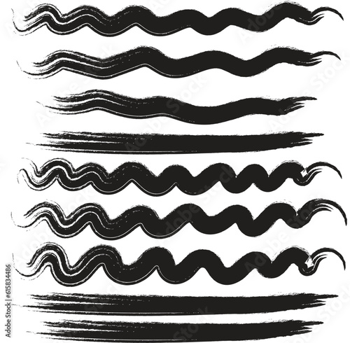 set of black wavy brush stroke vector format isolated on white background.