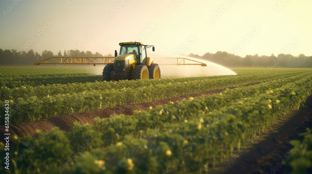 Tractor spraying soybean field in spring