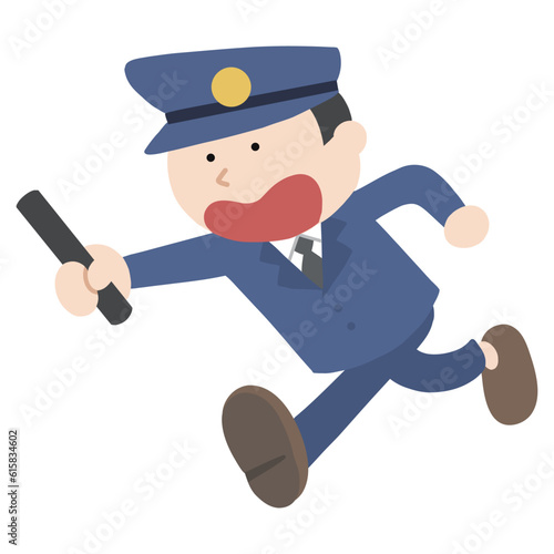 警棒を持って犯人を追いかける警官の可愛いシンプルなイラスト