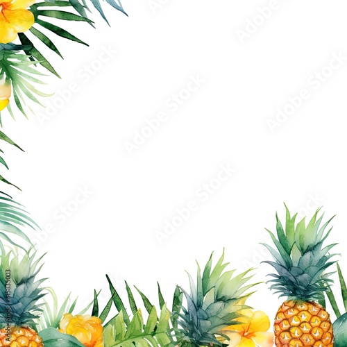 Pineapple frame border on white background, copy space for text, watercolor illustration. Square summer banner with fruits