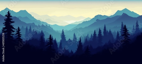 Landscape forest mountains nature adventure travel background panorama - Illustration of dark blue silhouette of valley view of forest fir trees and mountains peak (Generative Ai)