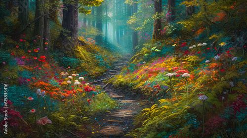 Enchanted colorful forest filled with vibrant trees  flowers  and wildlife.