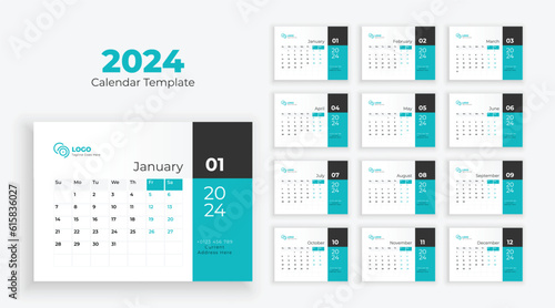 Calendar template for 2024 year. Week starts on Sunday. Calendar 2024 planner corporate template design set