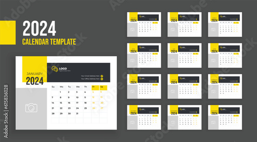 Calendar 2024 planner corporate template design set. Week starts from Sunday, business template