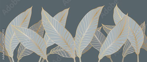 Luxurious gold wallpaper in art deco style. Golden leaf botanical pattern, Philodendron with monstera plant lines, design for print, decor, interior, fabric.