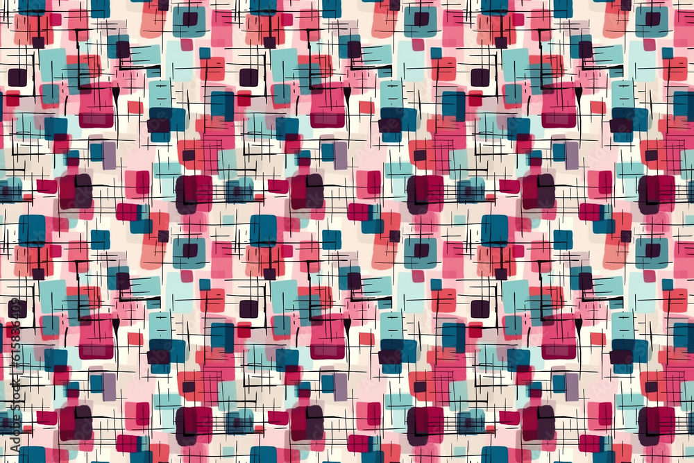 Fototapeta premium Seamless repetitive geometric background with square shapes. Retro cute repetition pattern, mosaic background projects builder. Generative AI.