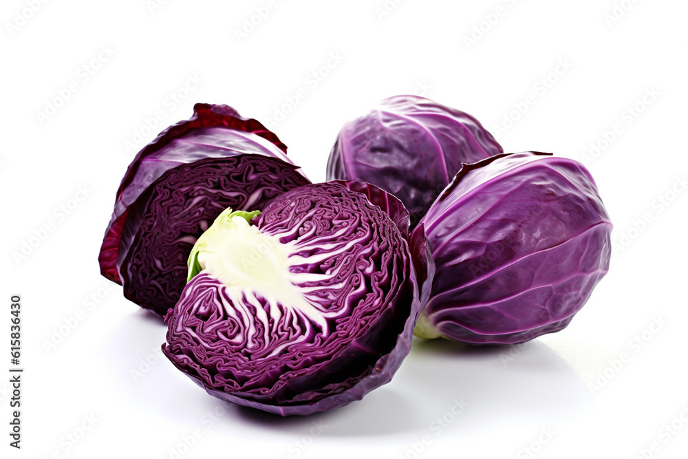 Purple cabbage on a white background. Fresh purple cabbage vegetable. Generative AI. Purple cabbage on a white background. Fresh purple cabbage vegetable. Generative AI.