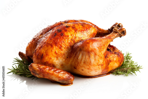 Whole roasted chicken on a white background. Grilled chicken. Ai generative.