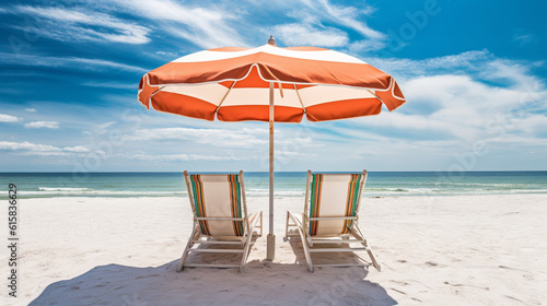 Beach chairs and an umbrella on a white sand beach