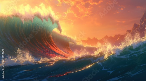 A big breaking ocean wave with white foam. Tropical sunset background. Sunset. Generative AI. Illustration for banner, poster, cover, brochure or presentation.