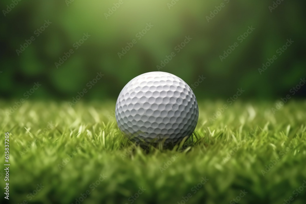 Fototapeta premium Golf ball on the green grass background. AI generative.