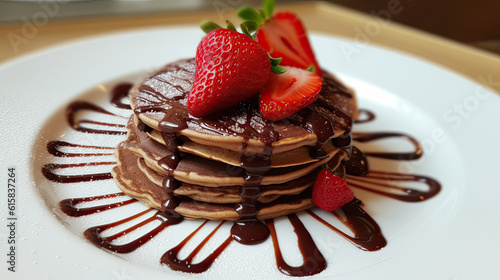 pancakes with chocolate sauce and strawberries on the plate, ready to be eaten for breakfast or bruning photo