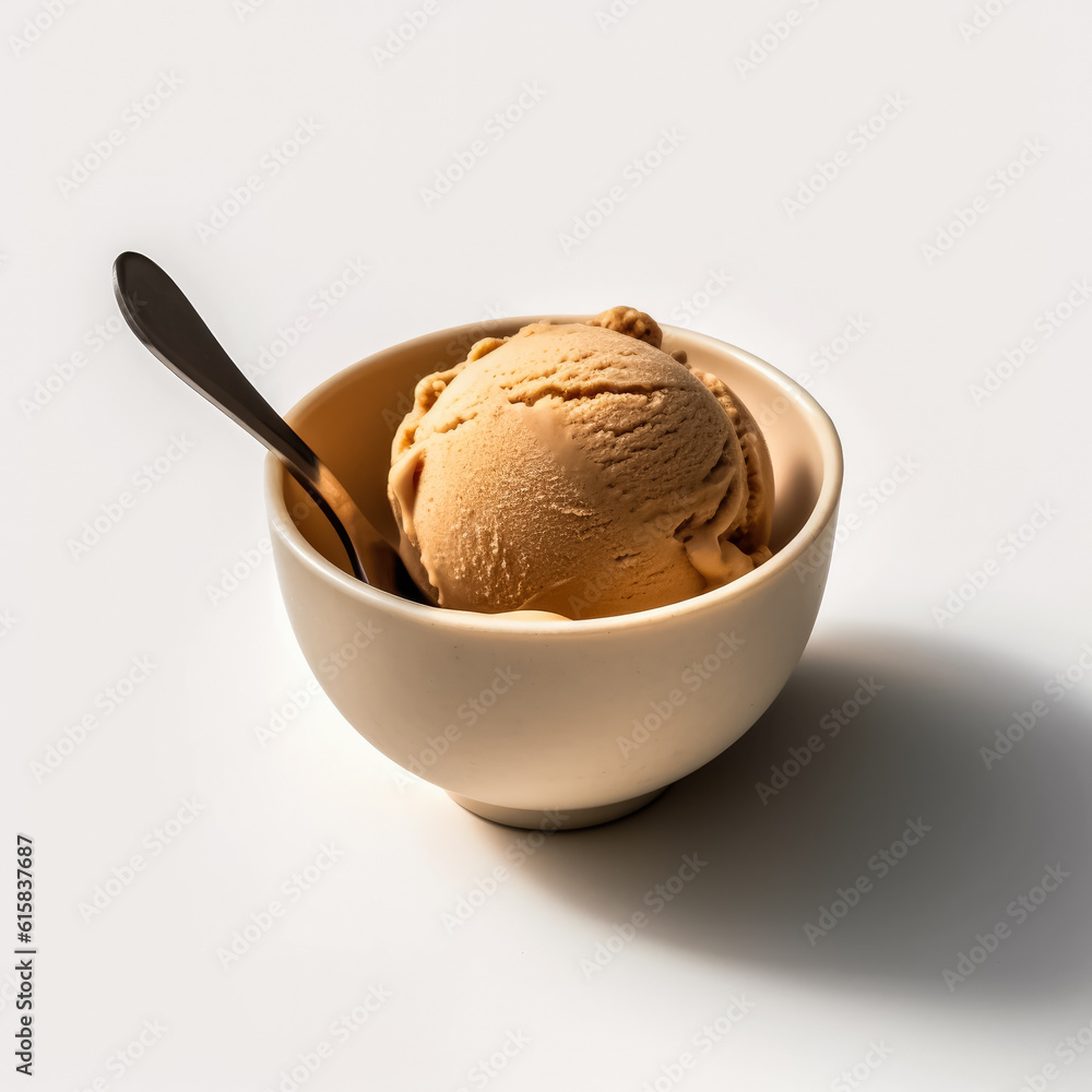 Peanut butter ice cream scoop with chocolate fudge in white bowl isolated on white background, generative ai Peanut butter ice cream scoop with chocolate fudge in white bowl isolated on white background, generative ai