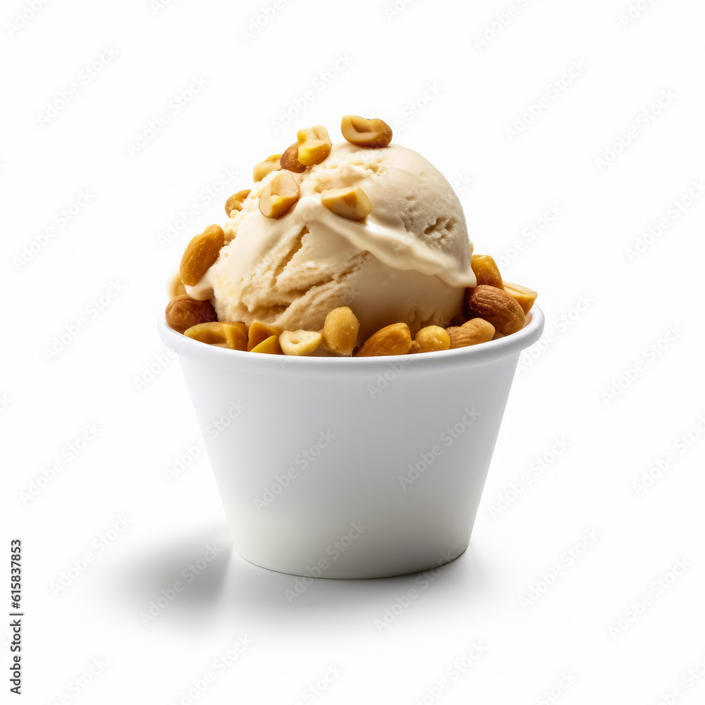Peanut butter ice cream scoop with chocolate fudge in white bowl isolated on white background, generative ai Peanut butter ice cream scoop with chocolate fudge in white bowl isolated on white background, generative ai