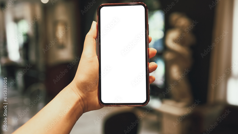 Women's hands holding cell telephone blank copy space screen. smartphone with blank white screen isolated on white background . smart phone with technology concept