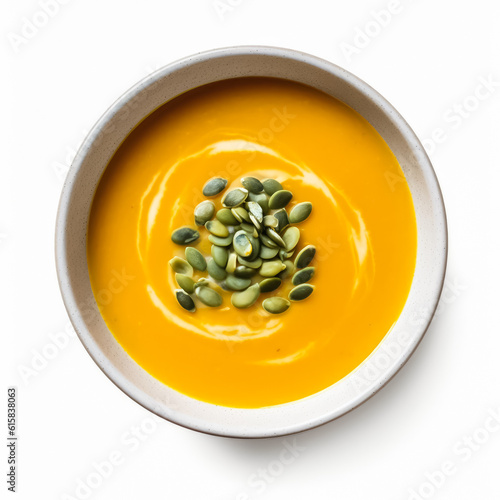 Plain butternut pumpkin squash soup isolated on white background, top view, generative AI