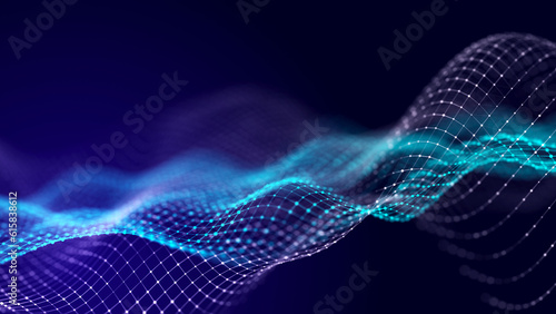 Abstract digital data background. Wave with moving dots. Musical stream of sounds. 3D rendering.