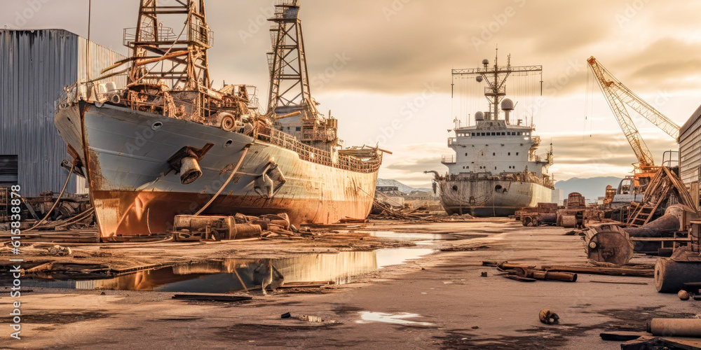 Fototapeta premium Damaged Scrapped Unusable Ship Abandoned and Disposed of Wrak Generative AI Digital Art Illustration Wallpaper Journal KI