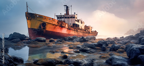 Damaged Scrapped Unusable Ship Abandoned and Disposed of Wrak Generative AI Digital Art Illustration Wallpaper Journal KI