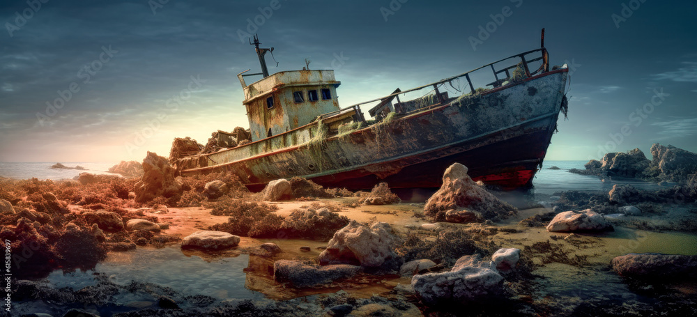Fototapeta premium Damaged Scrapped Unusable Ship Abandoned and Disposed of Wrak Generative AI Digital Art Illustration Wallpaper Journal KI