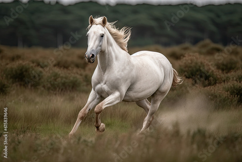 a white horse running in the grass with it s head turned to look like he is about to jump