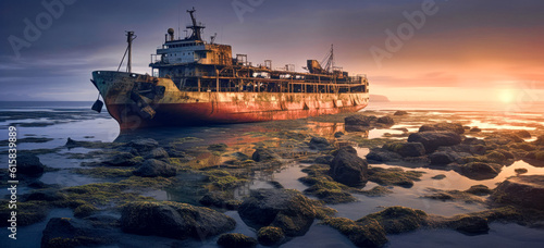 Damaged Scrapped Unusable Ship Abandoned and Disposed of Wrak Generative AI Digital Art Illustration Wallpaper Journal KI