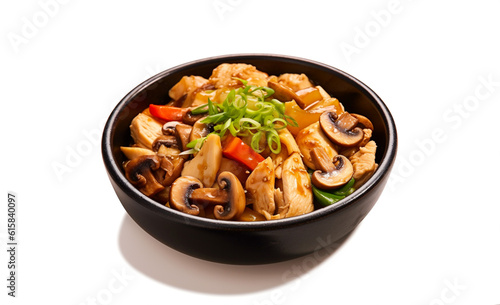 Funchoze with chicken and mushrooms in black bowl on white isolated background. Japanese cuisine. Generative Ai content.