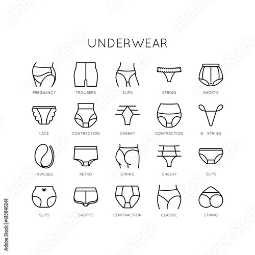 Underwear set icons. Provided thong panties, lace, braces, hipsters, daring, shorts, corrective, classic, invisible.