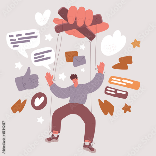 Vector illustration of Manipulator concept. Boss puppet abuse manipulations, employer domination exploitation, dictator control, authority manipulator, abuser doll on strings manipulation.