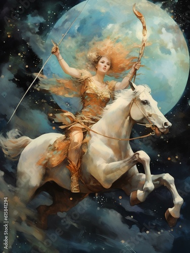 Embark on an adventurous journey with this captivating digital image of Sagittarius. Symbolizing wanderlust, optimism, and wisdom, it's perfect for astrology enthusiasts.