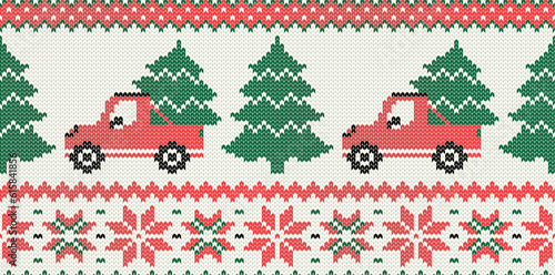 Knitting car red off-road vehicle with Christmas tree and snow ornament. Seamless pattern. Vector illustration.