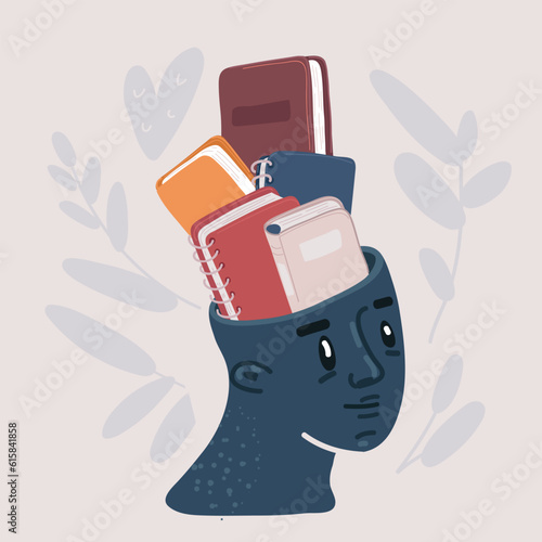 Vector illustration of Education, learning and knowledge concept. Human head full of books.