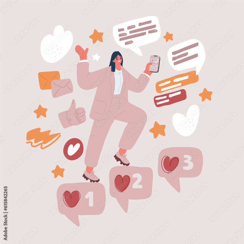 Vector illustration of Woman pulling heavy thumbs up icon of social media up stair case. Online networking Vector illustration of Woman pulling heavy thumbs up icon of social media up stair case. Online networking
