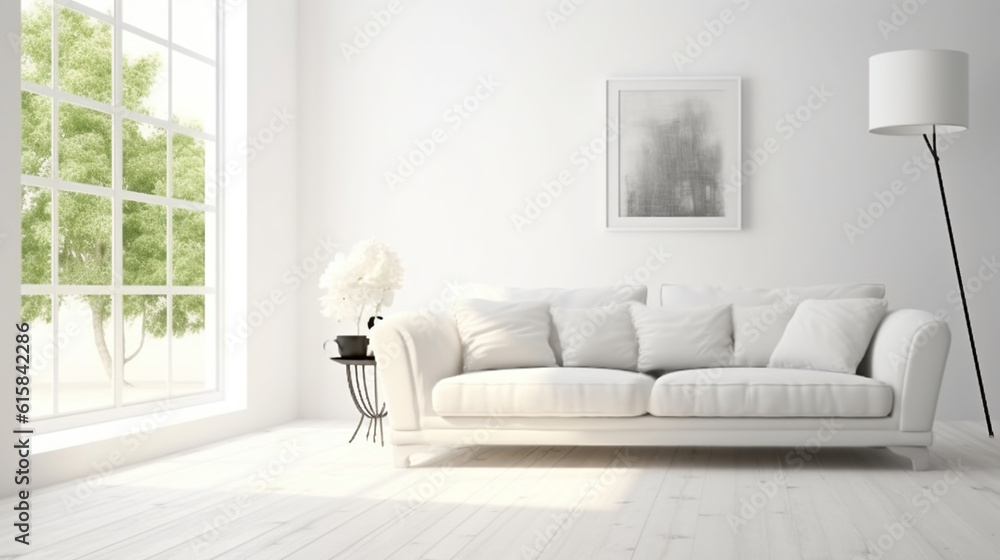 White room with sofa. Generative AI White room with sofa. Generative AI