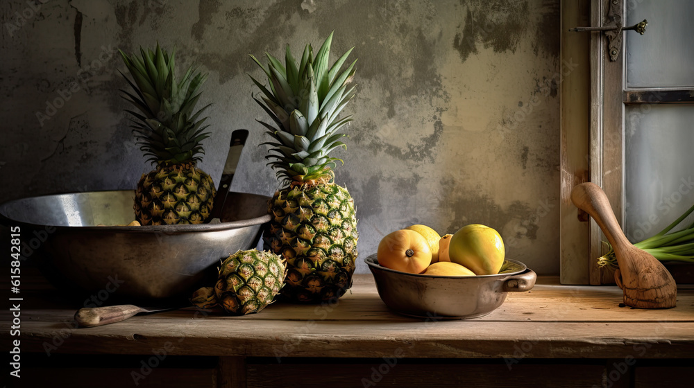 custom made wallpaper toronto digitalpineapples and lemons on a wooden table in front of an open window with a metal pane