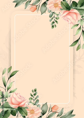Watercolor floral flower leaf frame border background with empty space. Used for wedding template and social media template