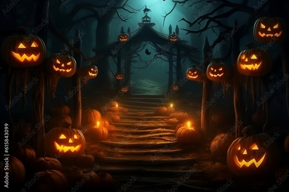 Mystical and magical Halloween backdrop with pumpkins, Jack-o-Lantern, festive template. Night Halloween wallpaper or party background.  Generative AI. 