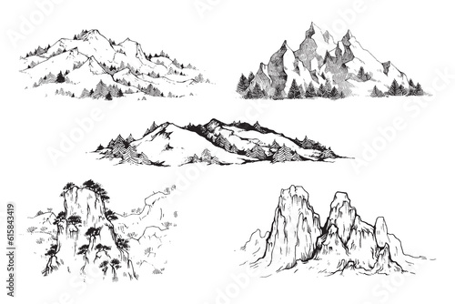 Hand drawn mountains illustration, mountain design, peak design, tattoo, everest, mountains background