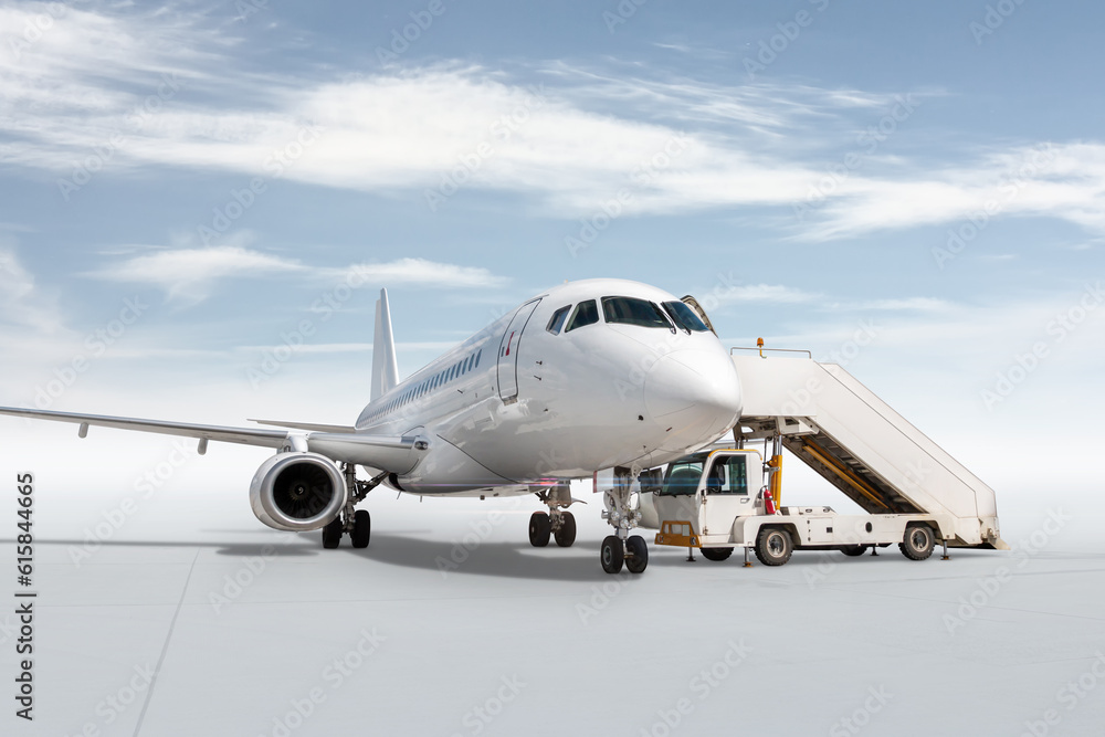 White passenger airplane with a boarding steps isolated on bright background with sky
