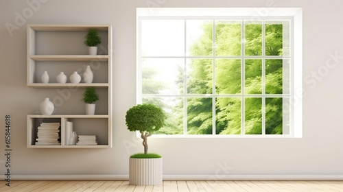 White room with shelf and green landscape in window. Scandinavian interior design. Generative AI