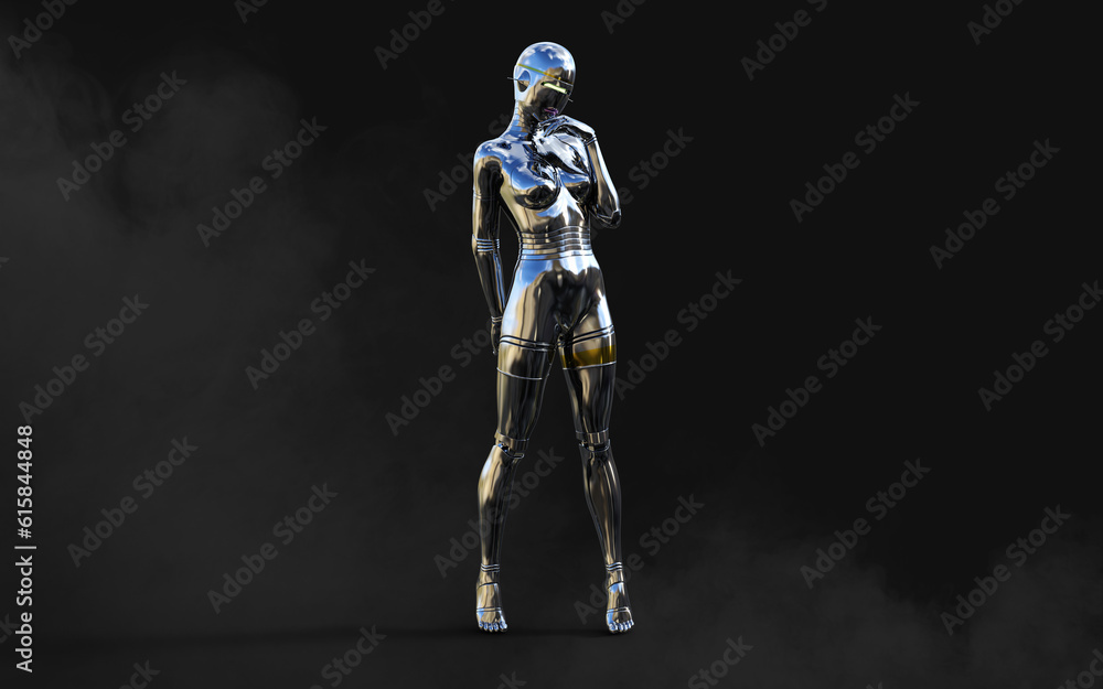 Fototapeta premium 3d Illustration of Cyborg woman with silver metallic body on black background. 3d rendering