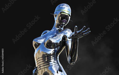 3d Illustration of Cyborg woman with silver metallic body on black background. 3d rendering