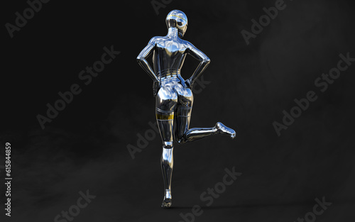 3d Illustration of Cyborg woman with silver metallic body on black background. 3d rendering