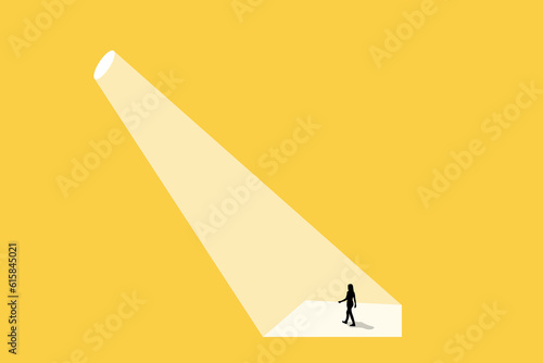 Business recruitment or hiring vector concept. Looking for talent. Business woman standing in spotlight or searchlight looking for new career opportunities. Eps10 vector illustration