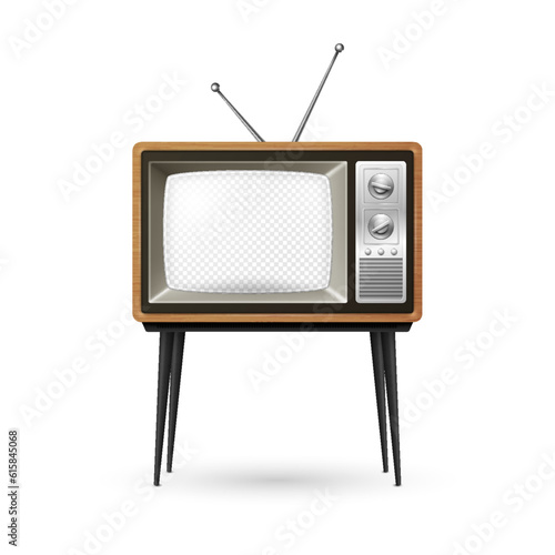 Vector Retro TV Receiver with Wooden Frame and Transparent Screen, Isolated. Home Interior Design Concept. Vintage TV Frame Design Template, Border. Television Concept. TV Set in Front View