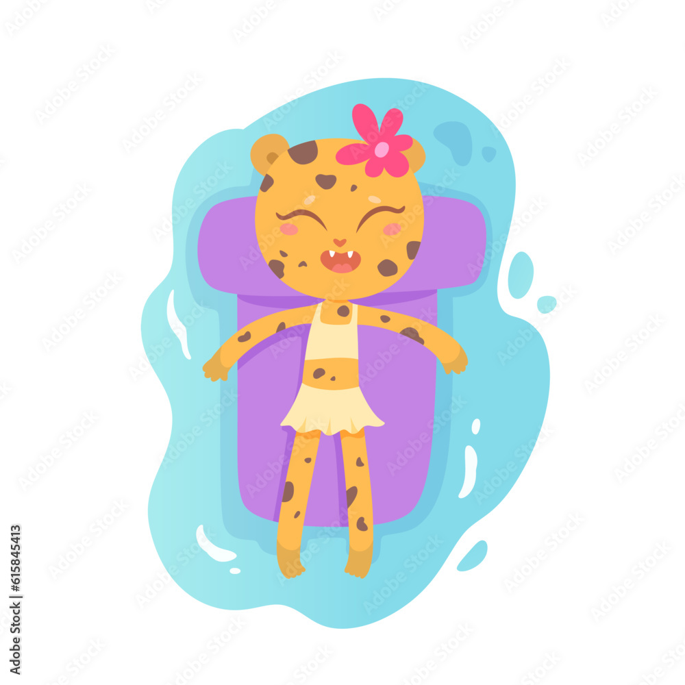 Cute cat floating on inflatable mattress, funny baby animal in swimsuit swimming Cute cat floating on inflatable mattress, funny baby animal in swimsuit swimming