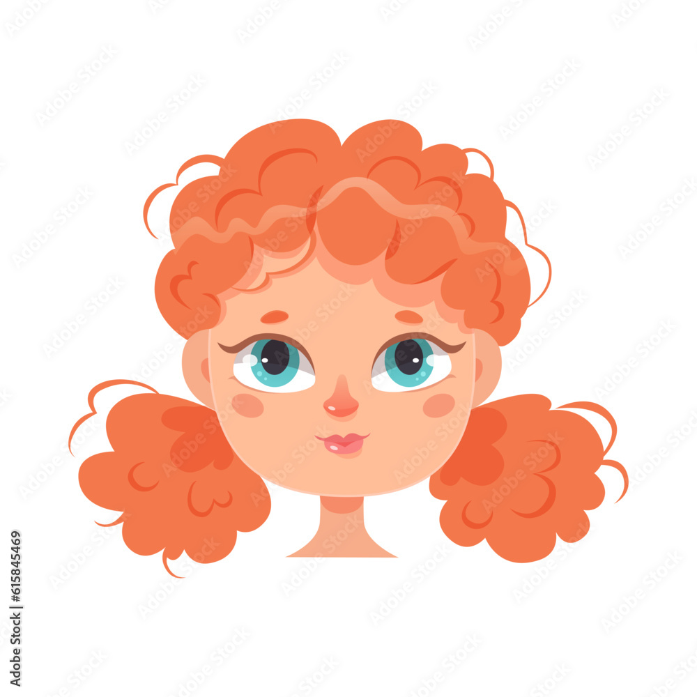 Fototapeta premium Avatar portrait of girl with curly red hair and cute face, redhead child with blue eyes